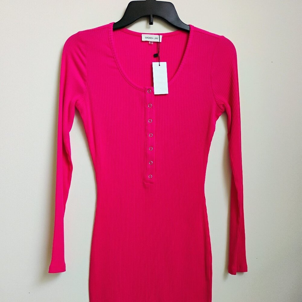 Hot pink henley ribbed long sleeve fitted dress - junior sizes